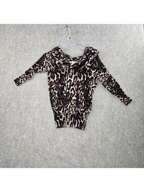 New York & Company Women’s Leopard Print Knit Top Brown Black Small Long Sleeve